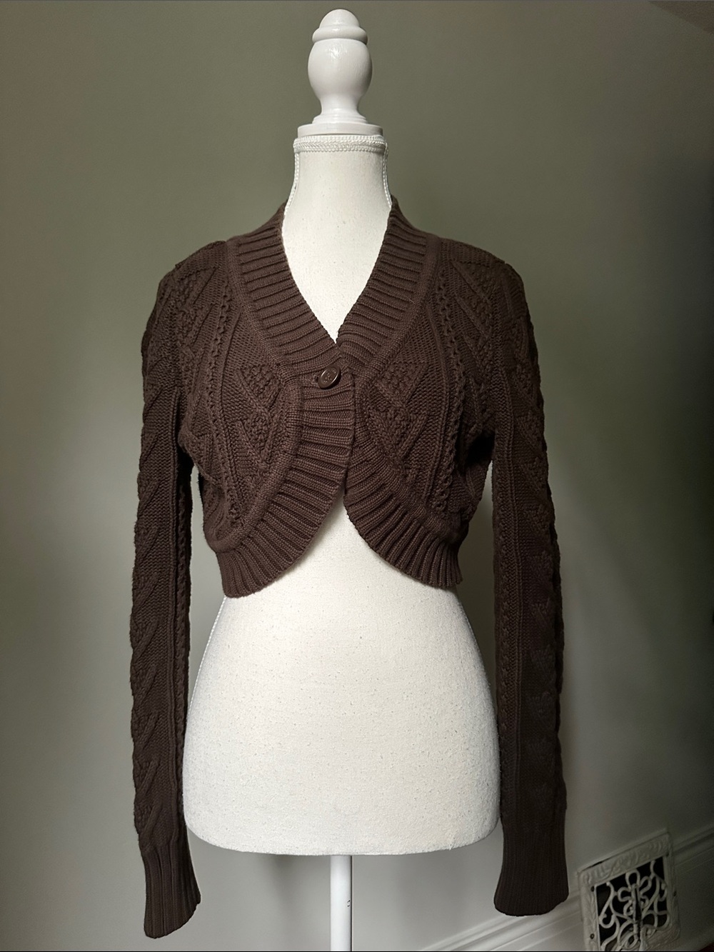 TOMMY HILFIGER Brown Cotton Y2K Cable Knit Cottagecore Cropped Cardigan Medium